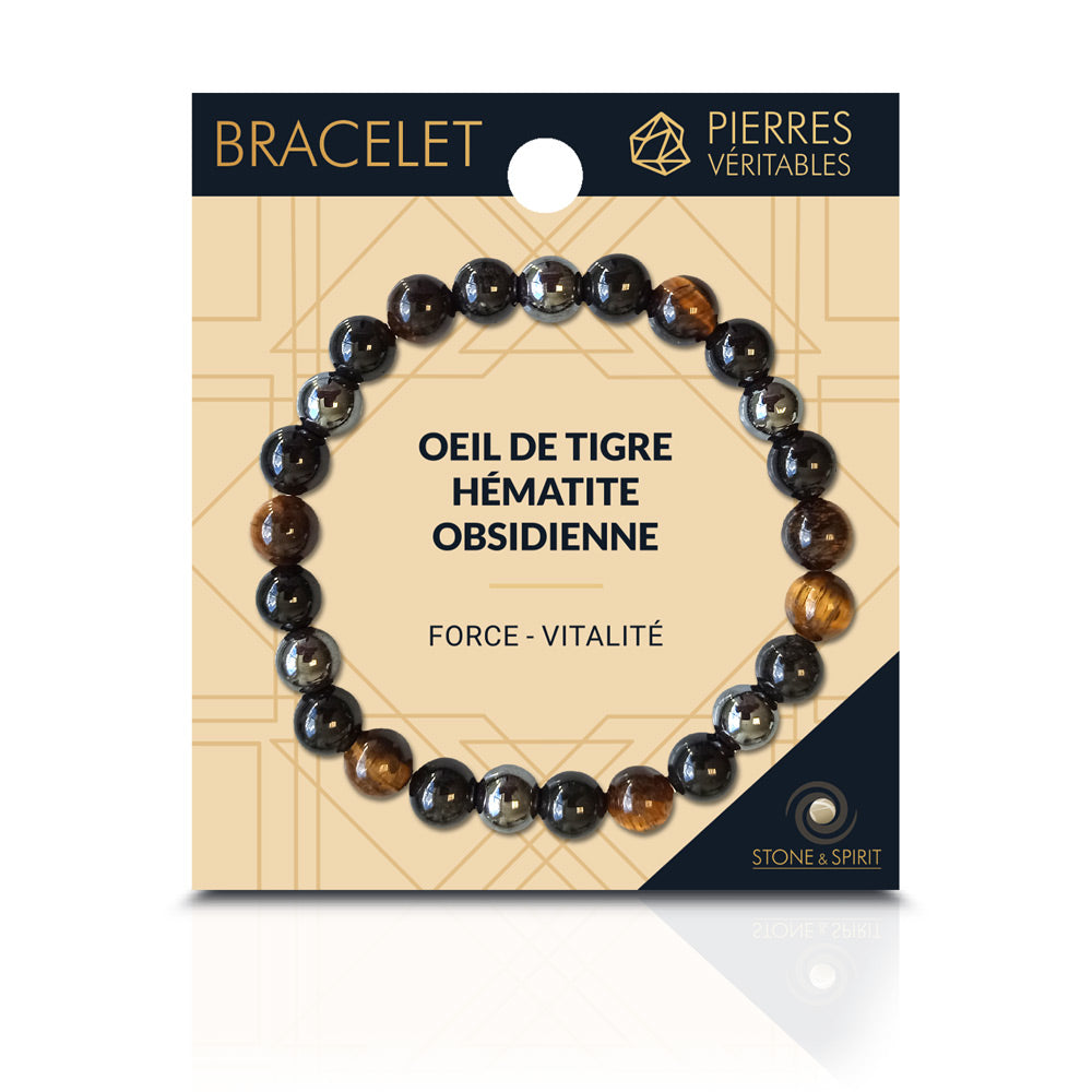 Bracelet lithotherapie homme pierre precieuse hematite obsidienne